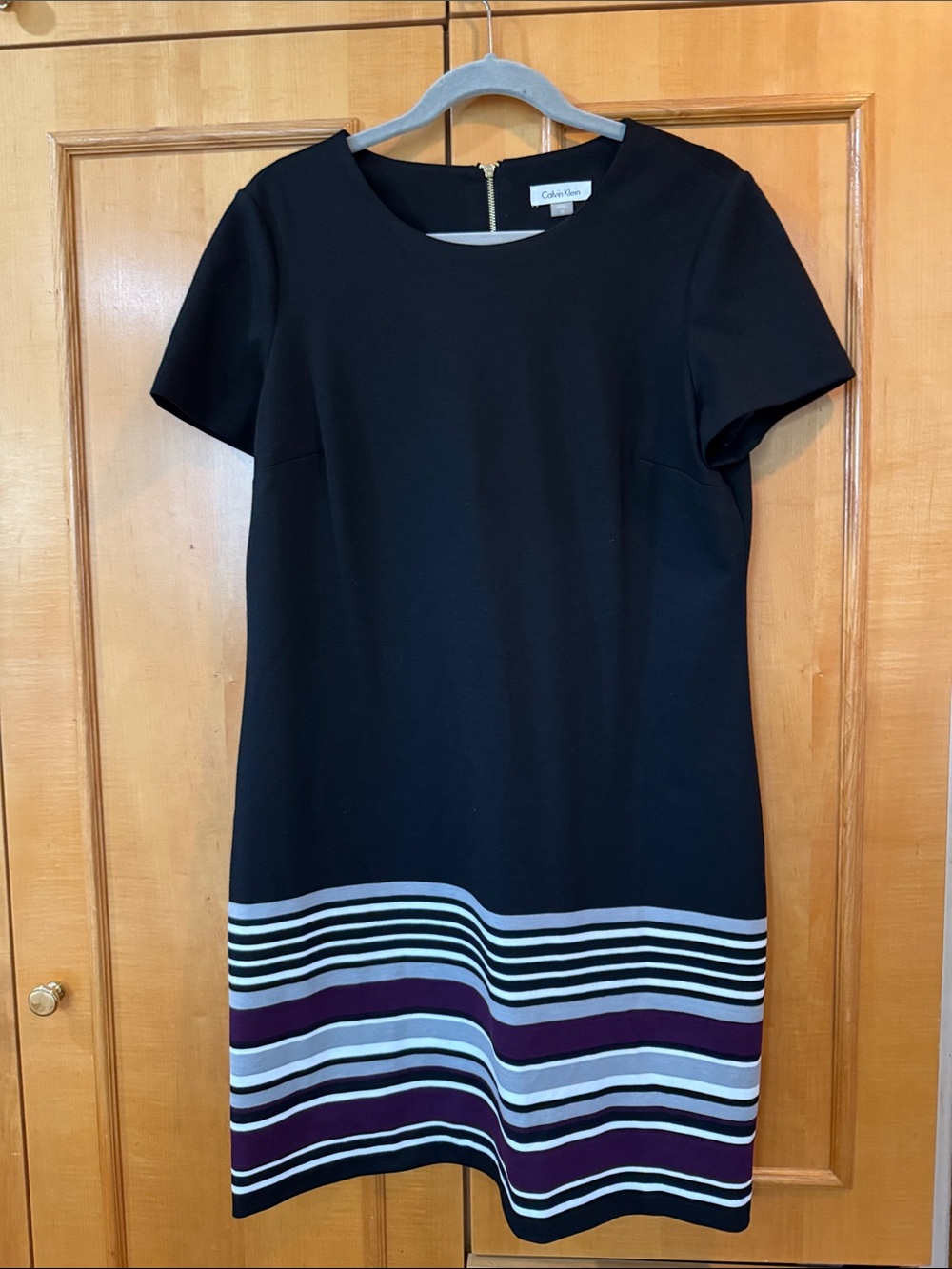 Calvin Klein Black Shift Dress with Multicolor Striped Hem